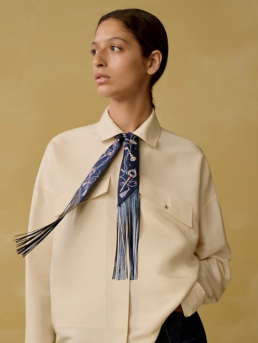 Hermes Les Cles a Pois Silk Leather Fringe Twilly